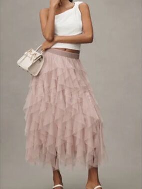 Anthropologie Tiered Blush Pink Tulle Maxi Skirt